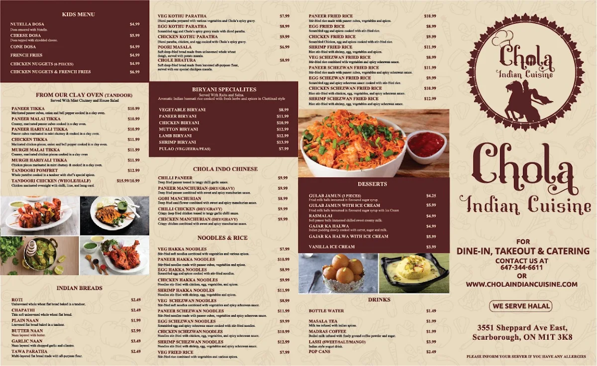 Menu, Chola Indian Cuisine