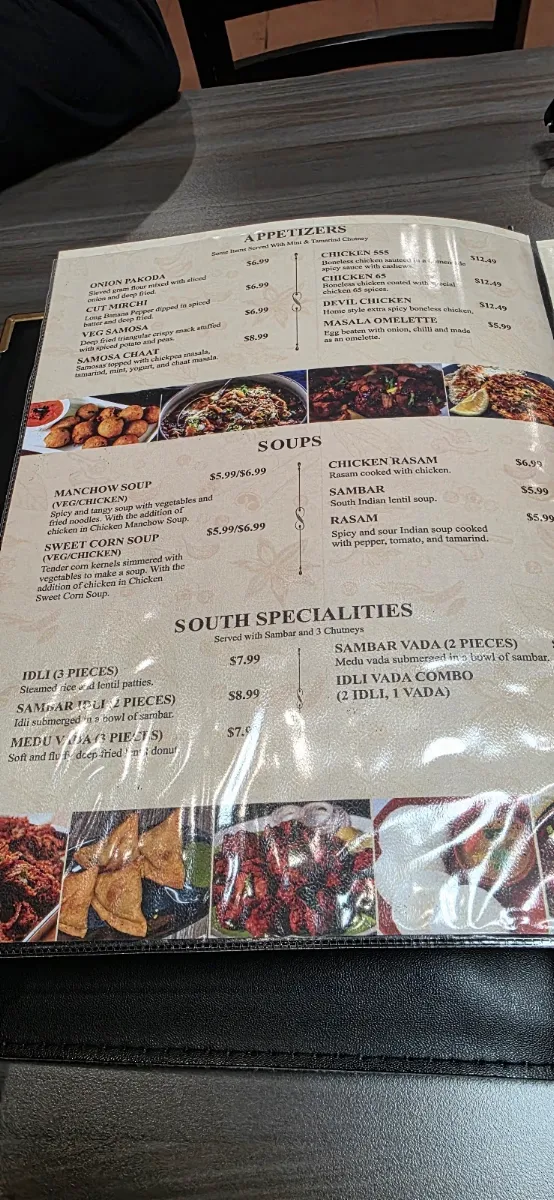 Menu, Chola Indian Cuisine