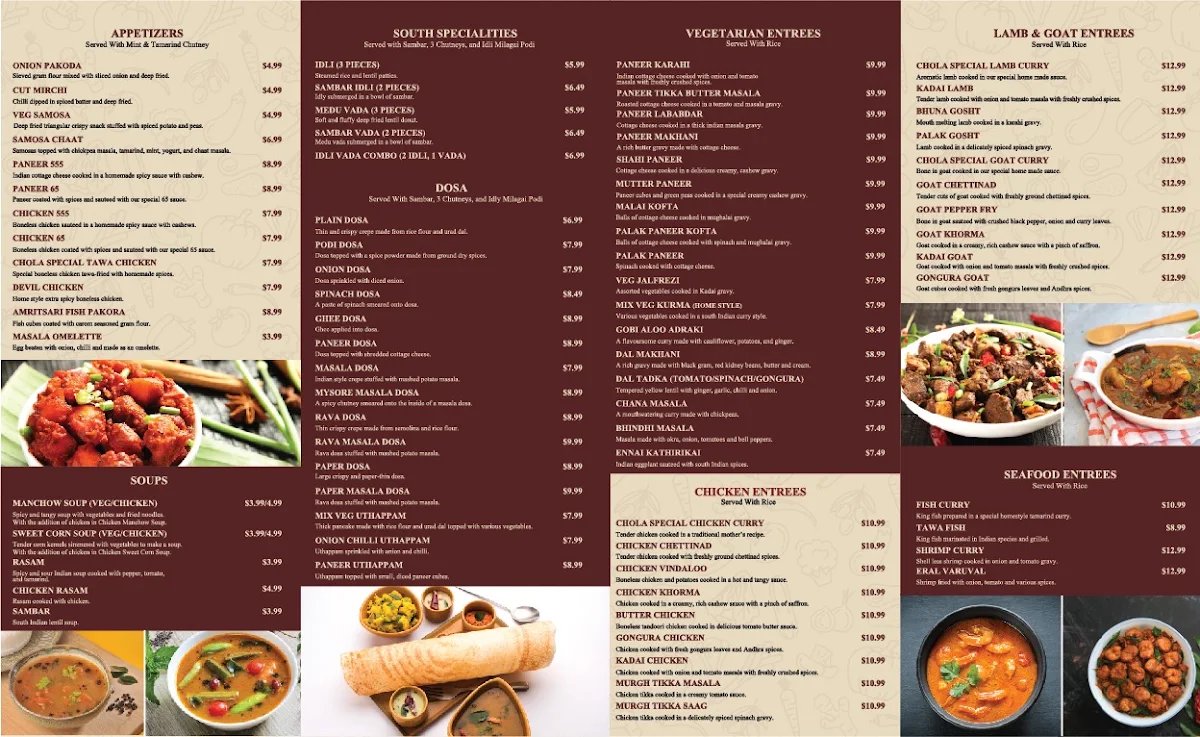 Menu, Chola Indian Cuisine