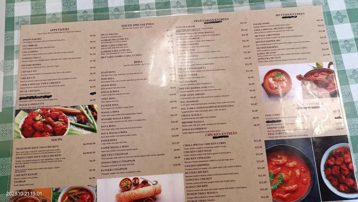 Menu, Chola Indian Cuisine