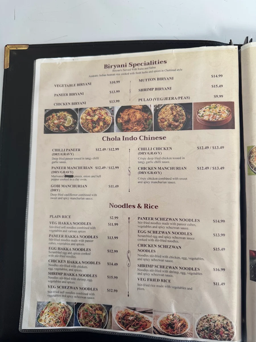 Menu, Chola Indian Cuisine