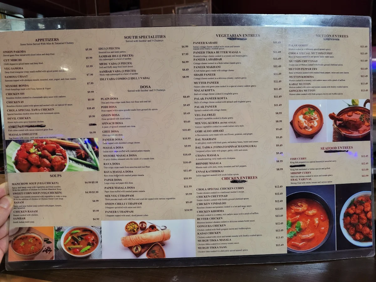 Menu, Chola Indian Cuisine