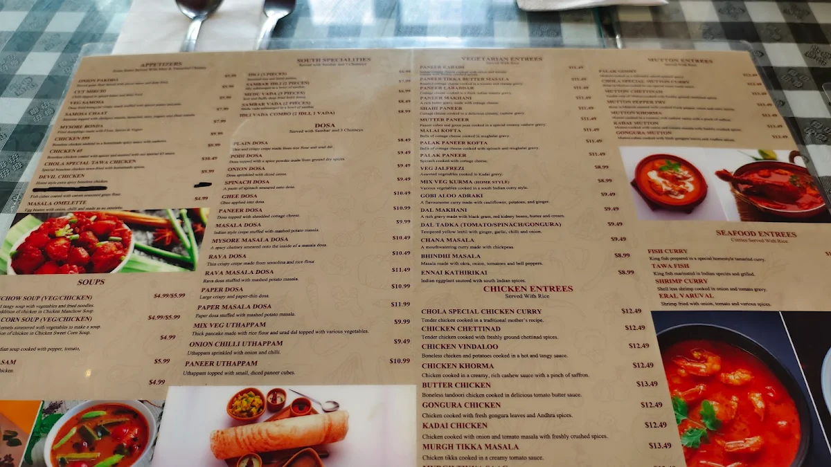 Menu, Chola Indian Cuisine