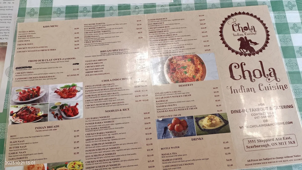 Menu, Chola Indian Cuisine