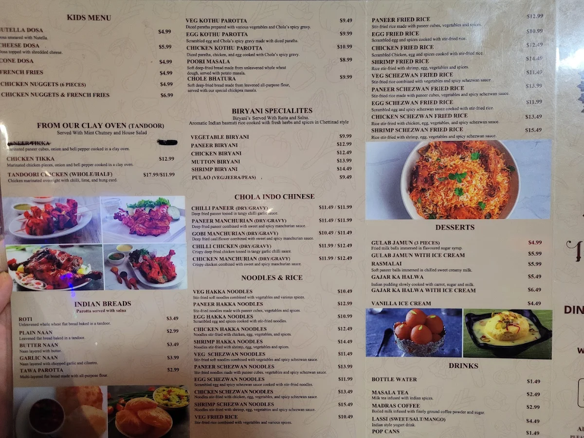 Menu, Chola Indian Cuisine