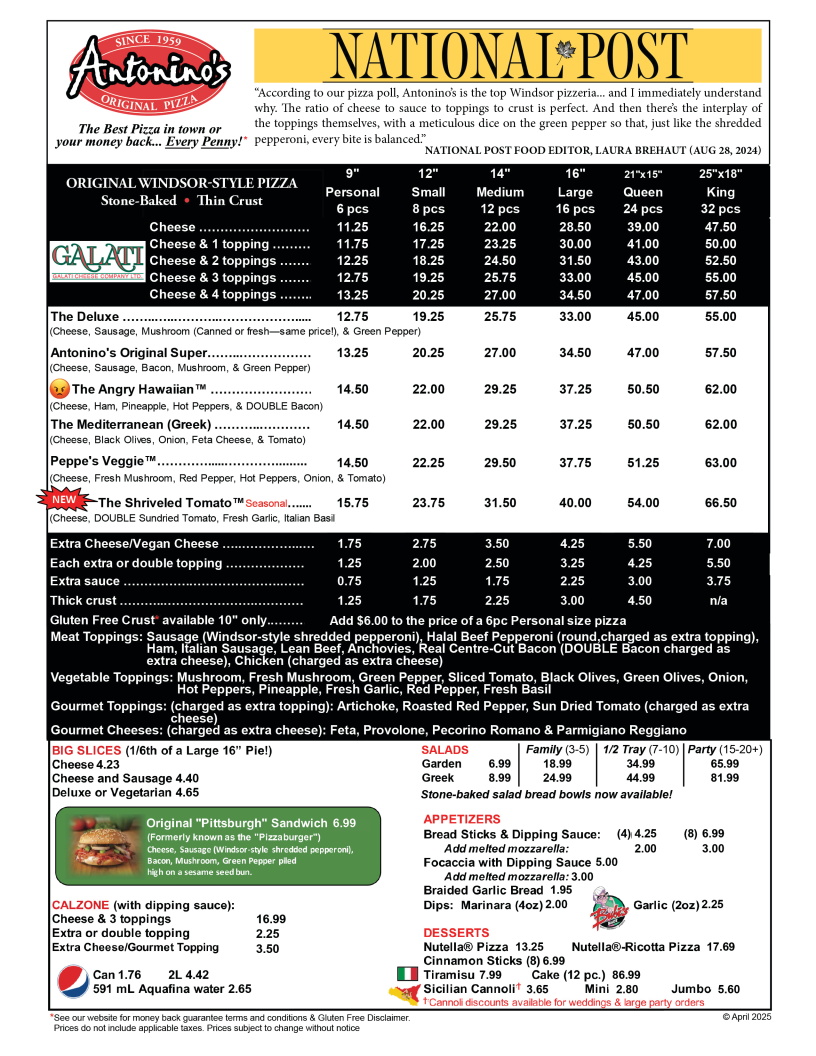 Menu, Antonino's Original Pizza—Tecumseh