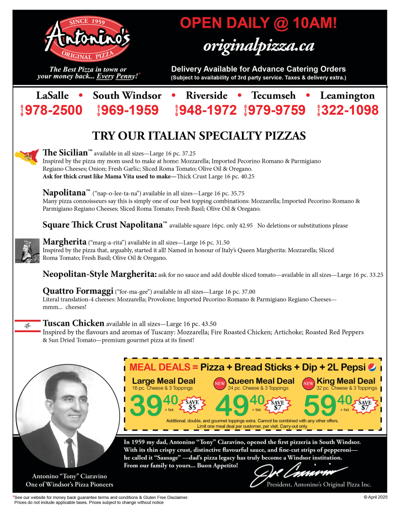 Menu, Antonino's Original Pizza—Tecumseh