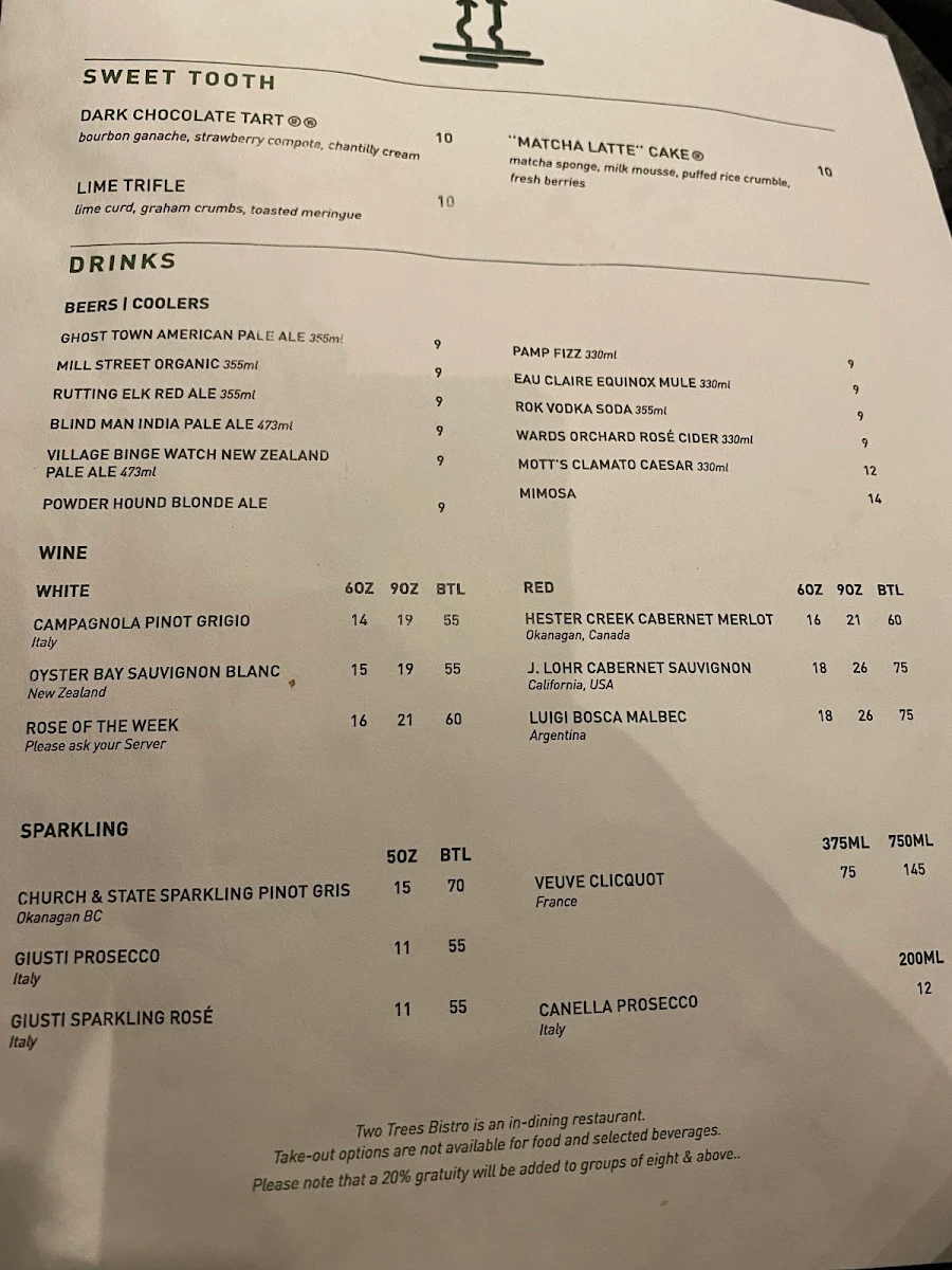 Menu, Two Trees Bistro @ Kananaskis Nordic Spa