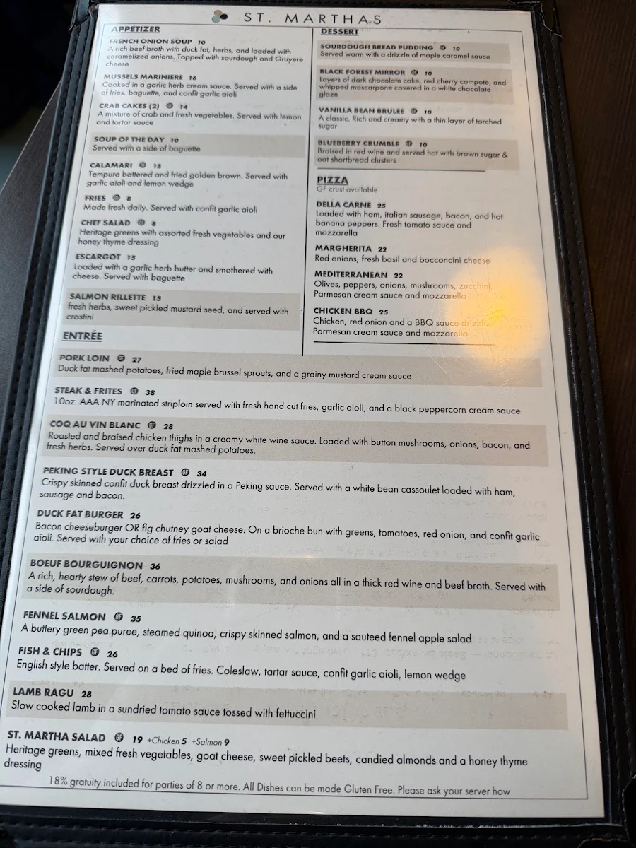 Menu, St. Martha's Brasserie d'Orléans