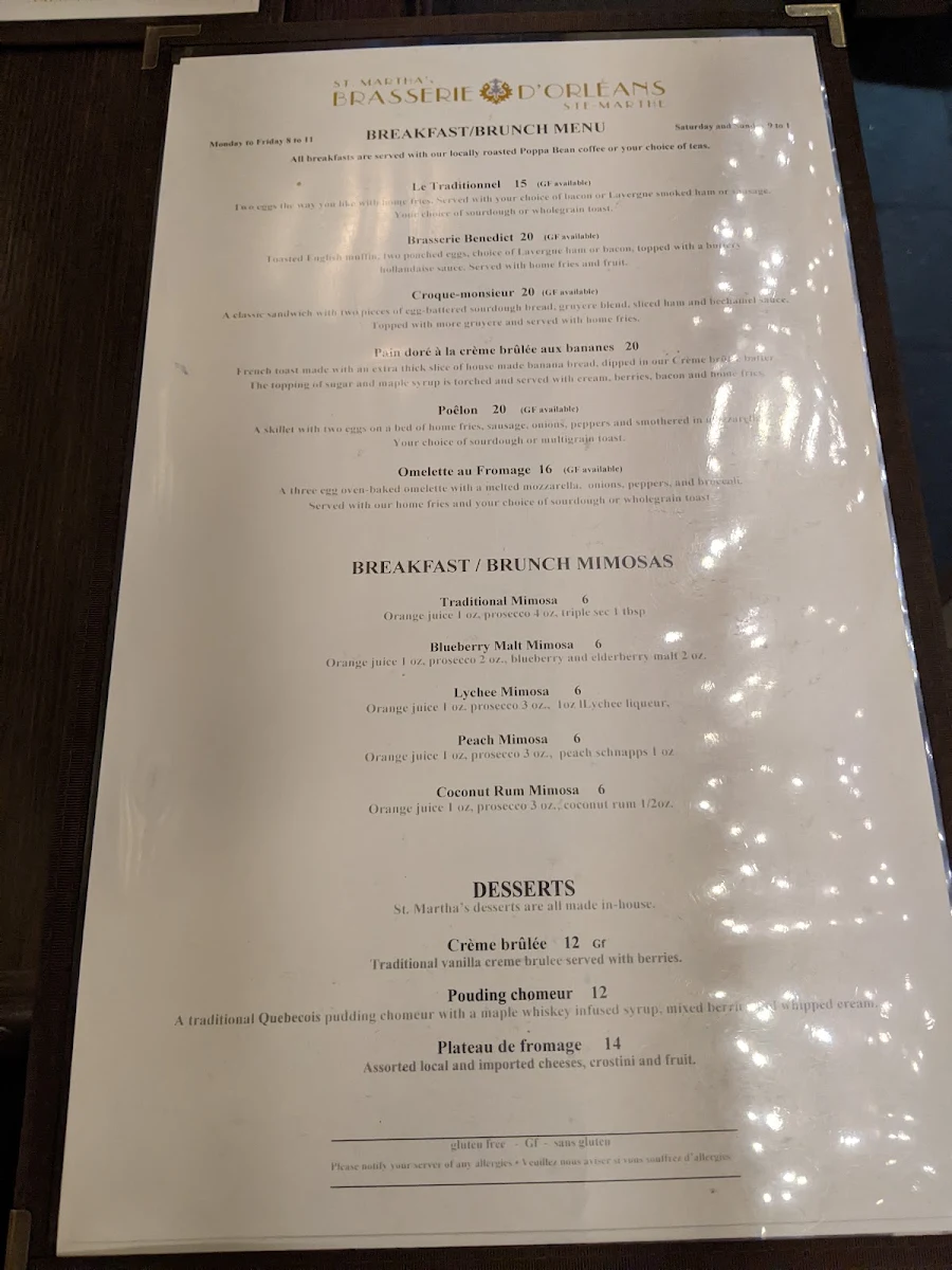 Menu, St. Martha's Brasserie d'Orléans
