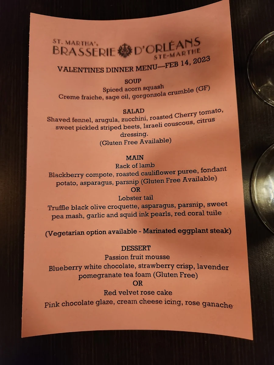 Menu, St. Martha's Brasserie d'Orléans