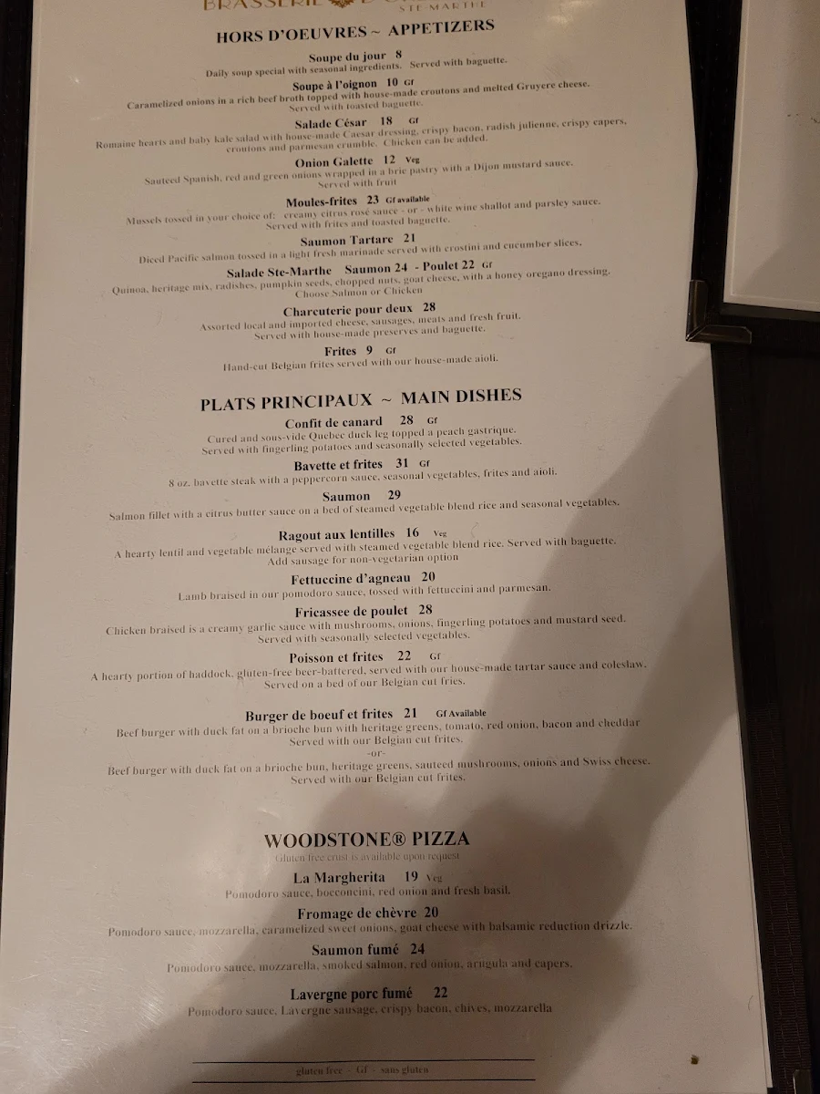 Menu, St. Martha's Brasserie d'Orléans