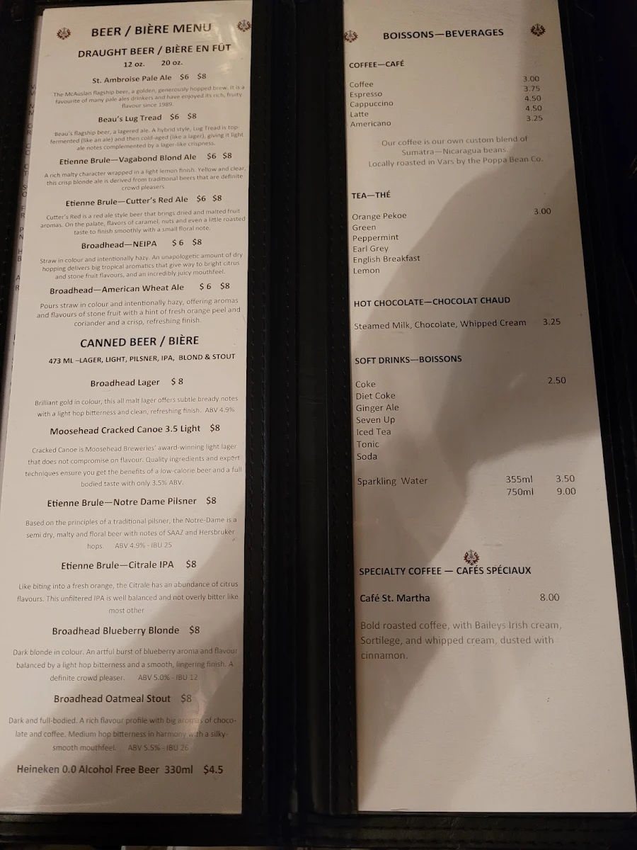 Menu, St. Martha's Brasserie d'Orléans
