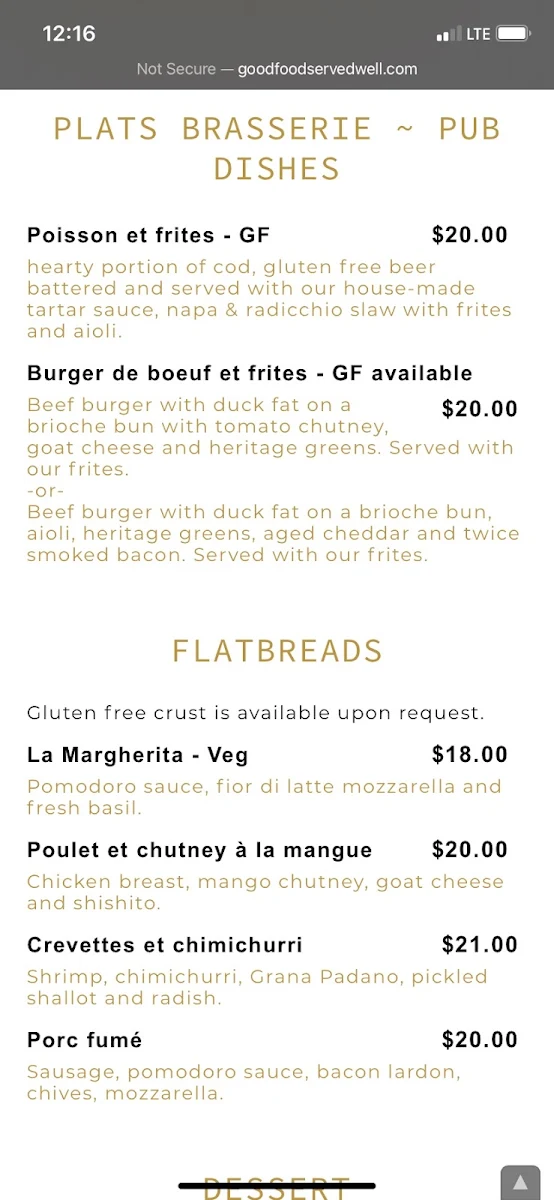 Menu, St. Martha's Brasserie d'Orléans