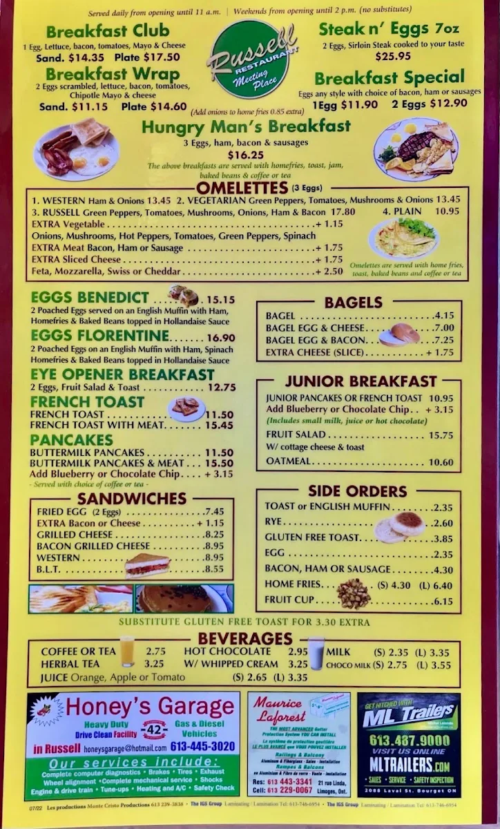 Menu, Russell Restaurant