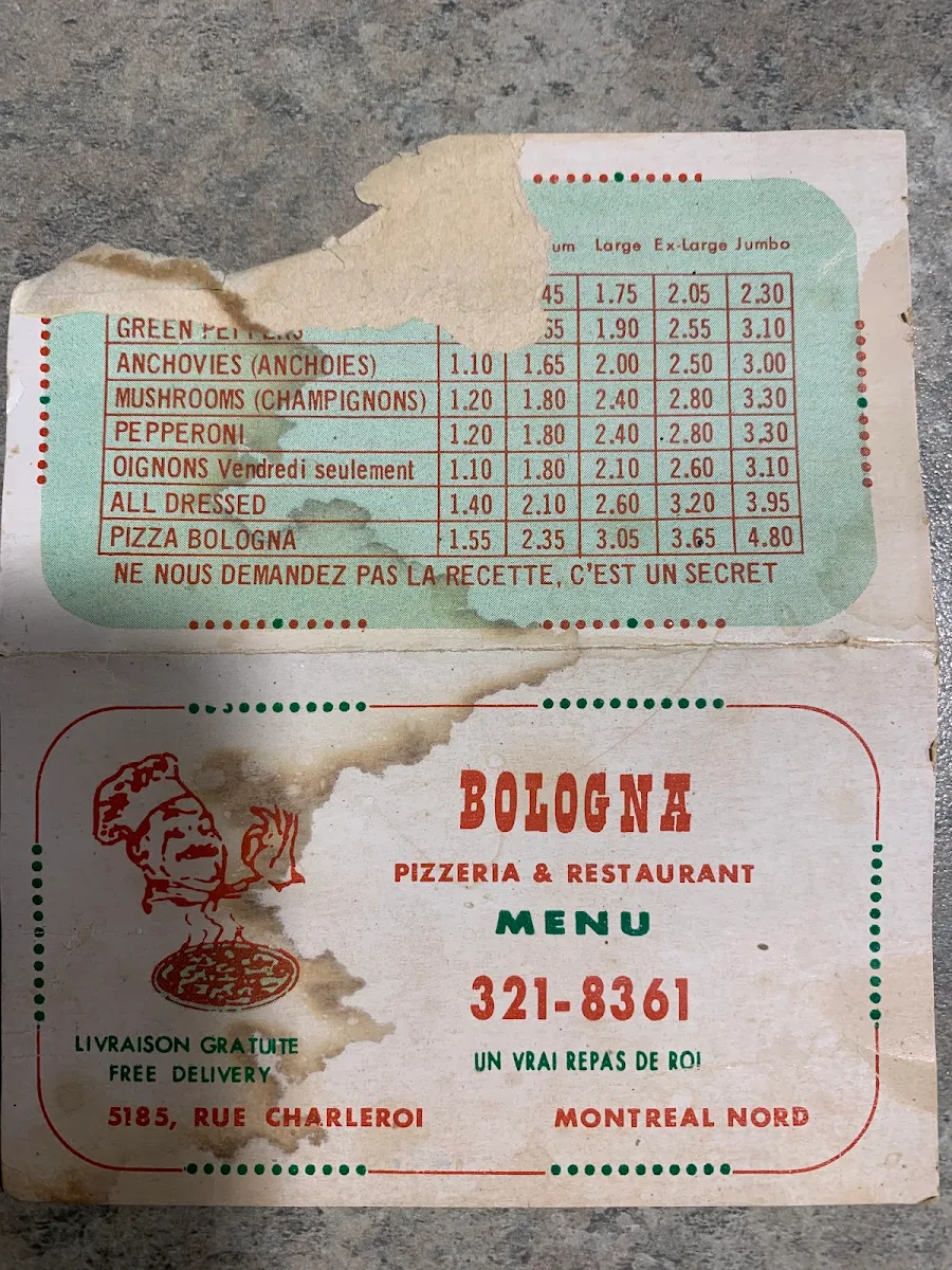 Menu, Da Bologna Pizzeria