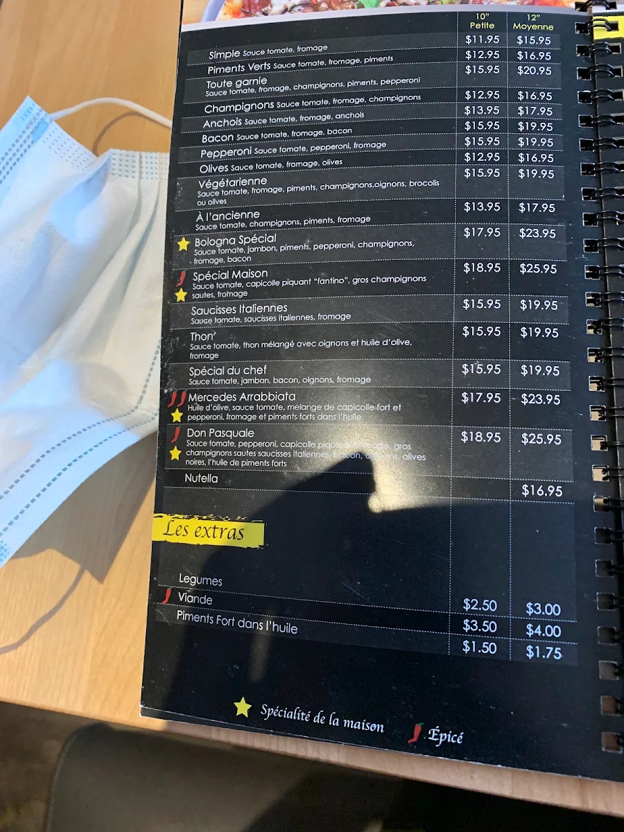 Menu, Da Bologna Pizzeria