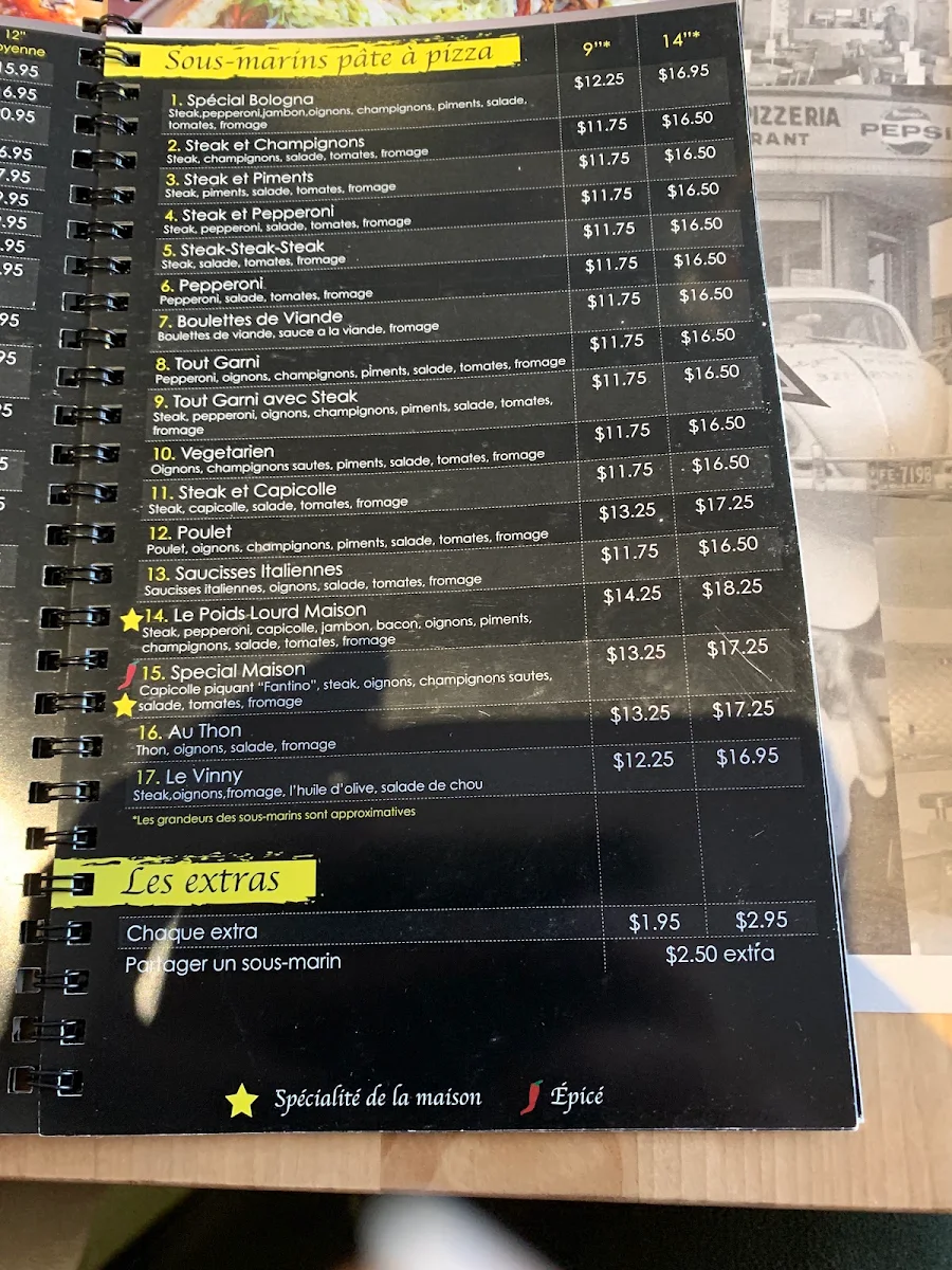 Menu, Da Bologna Pizzeria