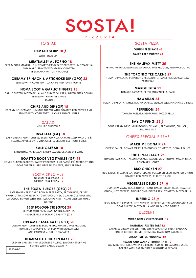 Menu, Sosta! Pizzeria