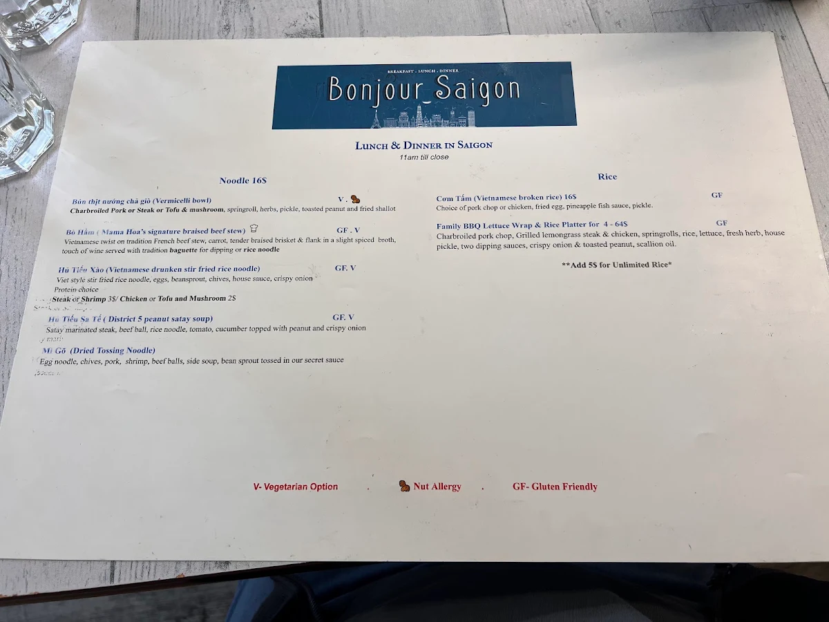 Menu, Bonjour Saigon