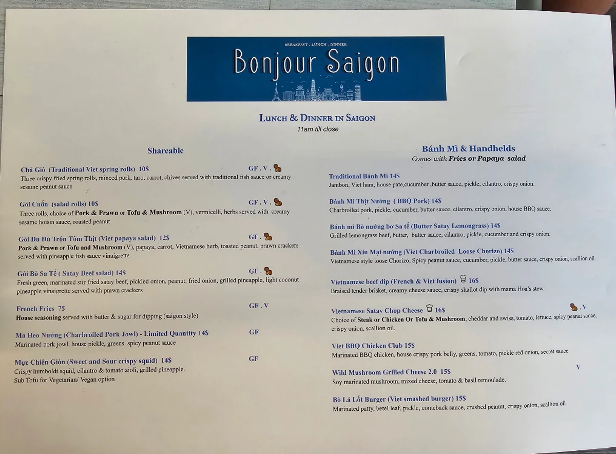 Menu, Bonjour Saigon