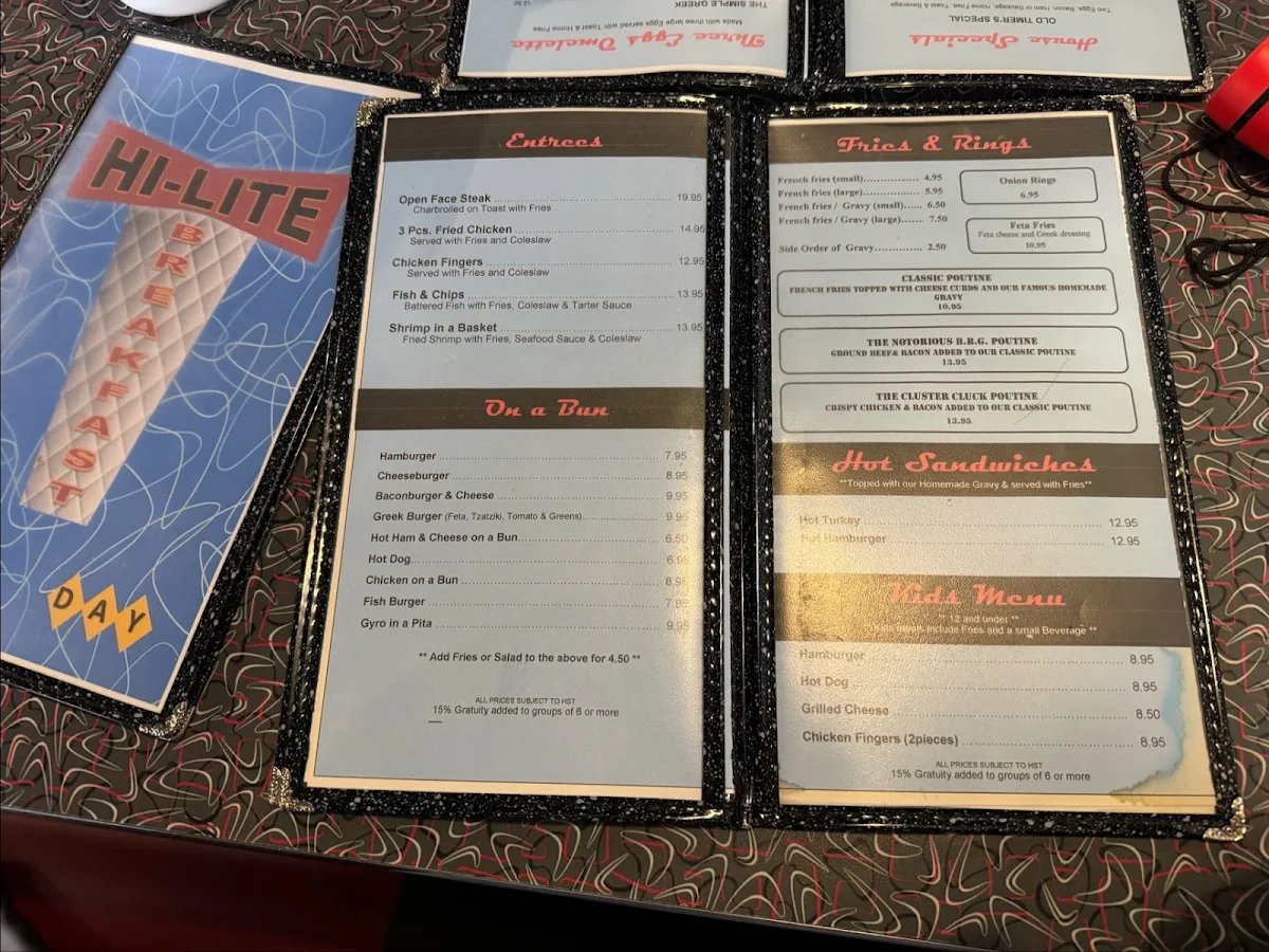 Menu, Hi-Lite Restaurant