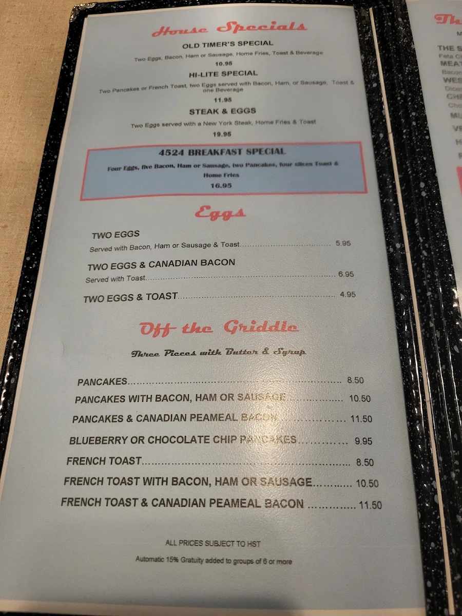 Menu, Hi-Lite Restaurant