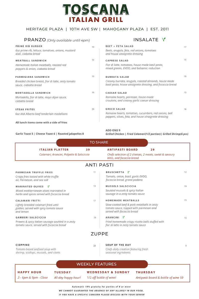 Menu, Toscana Italian Grill on 10th
