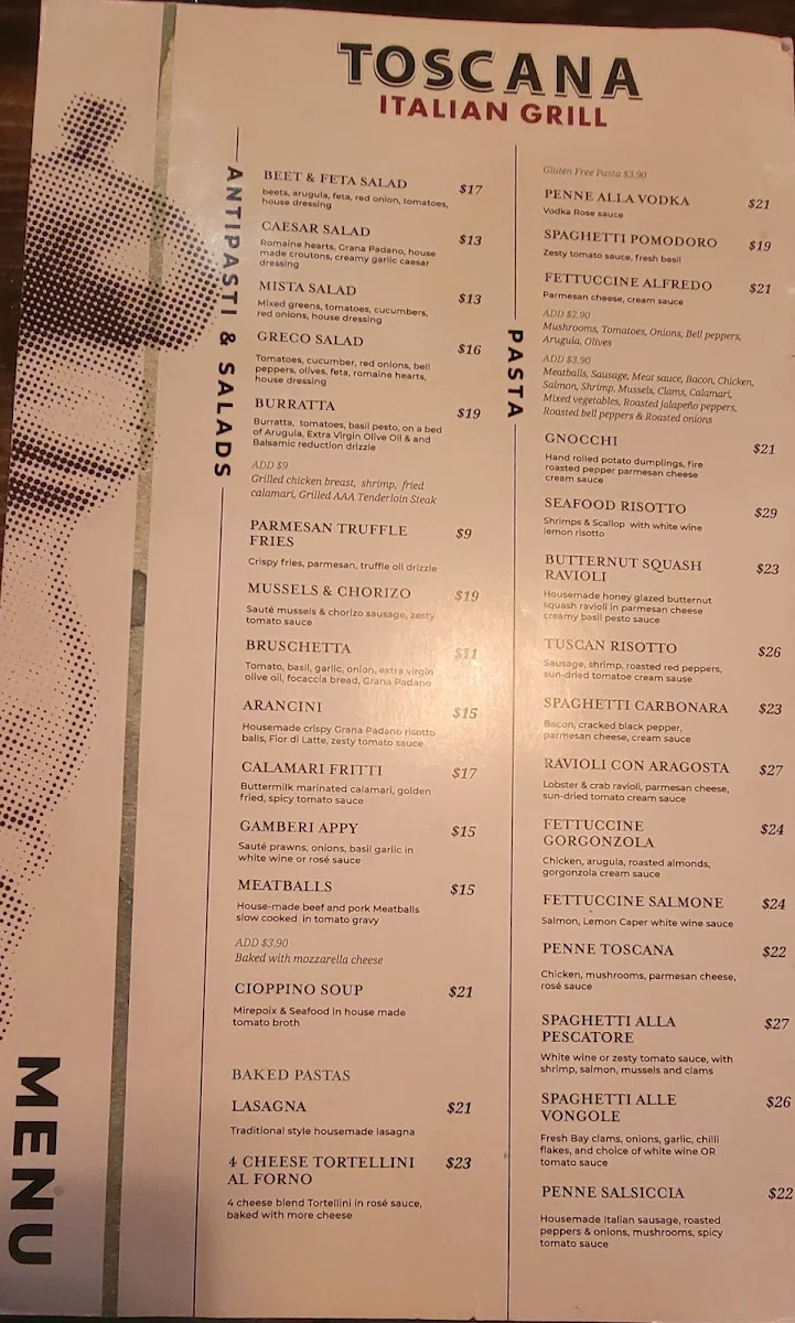 Menu, Toscana Italian Grill on 10th