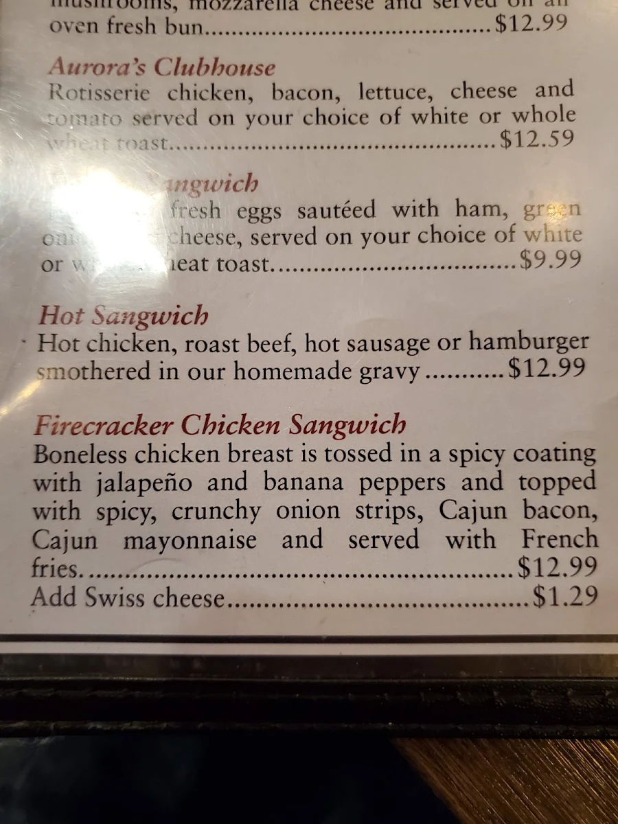 Menu, Aurora's Westside