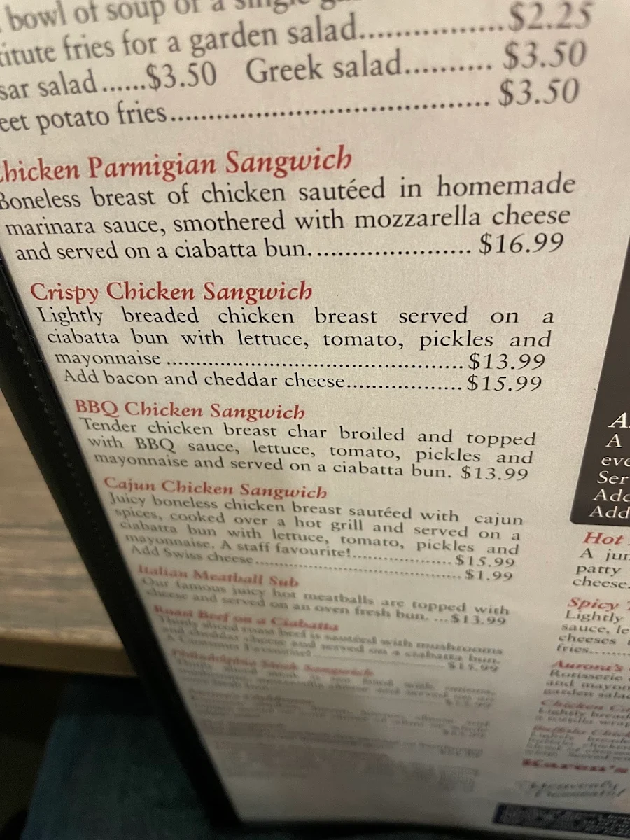 Menu, Aurora's Westside
