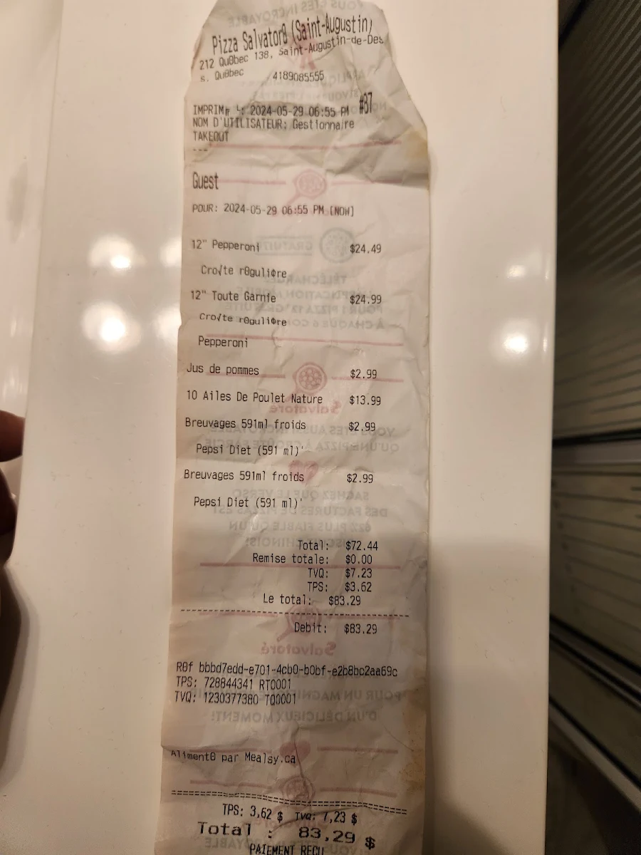Menu, Pizza Salvatoré