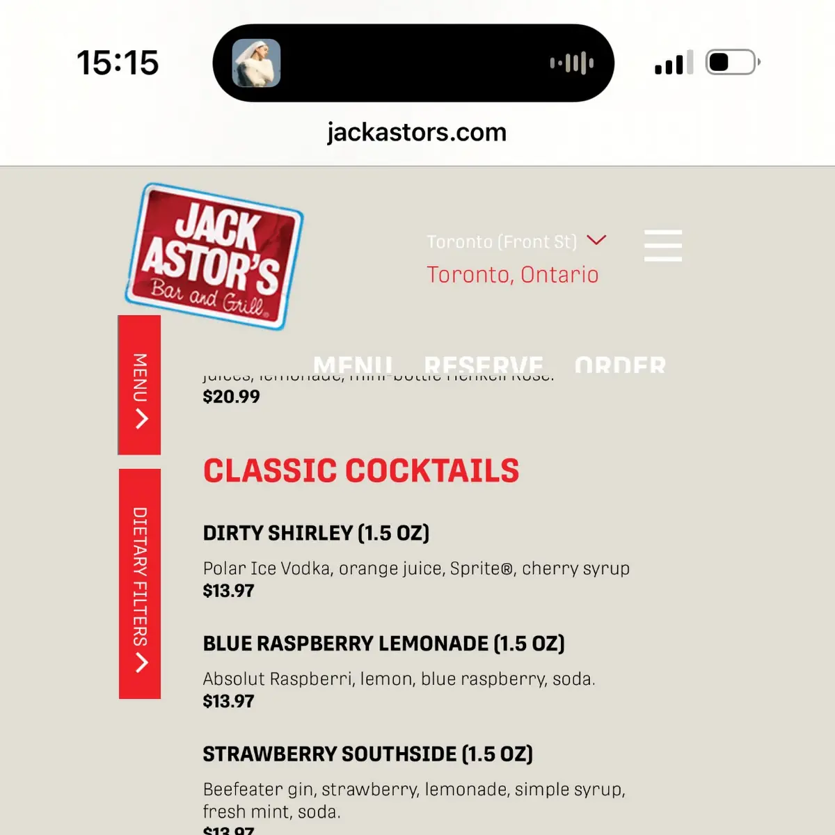 Menu, Jack Astor's Bar & Grill Front Street