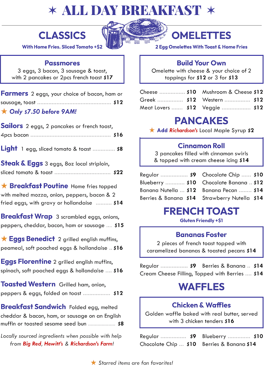 Menu, Passmores Diner