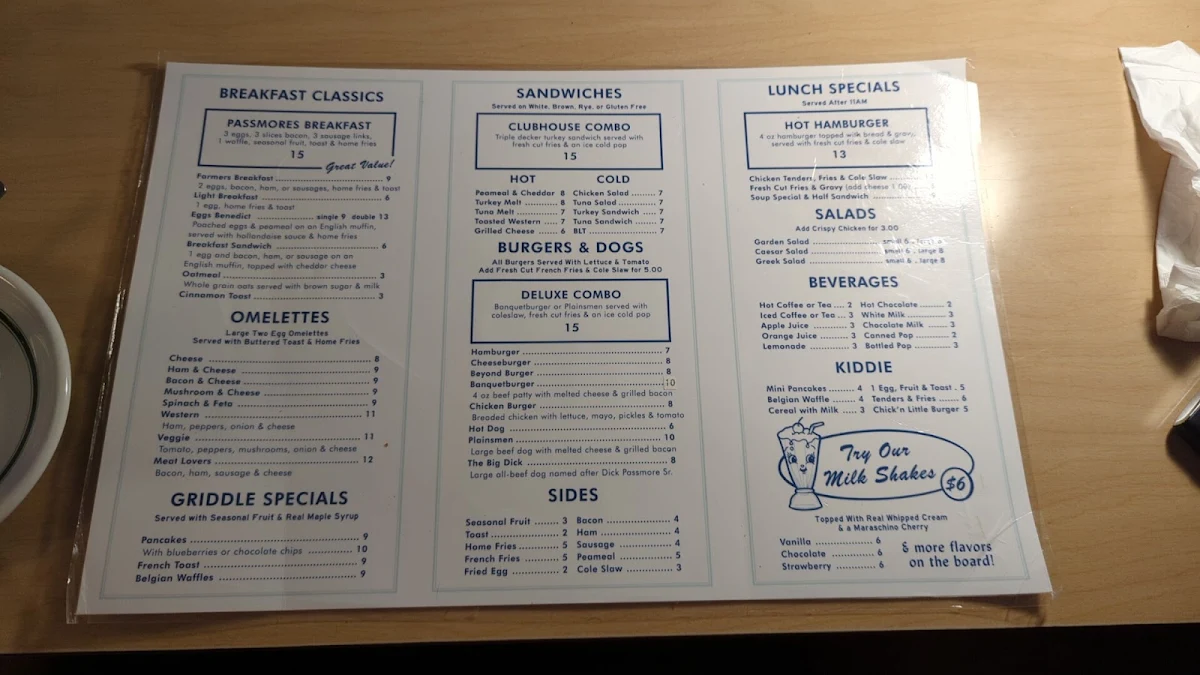 Menu, Passmores Diner