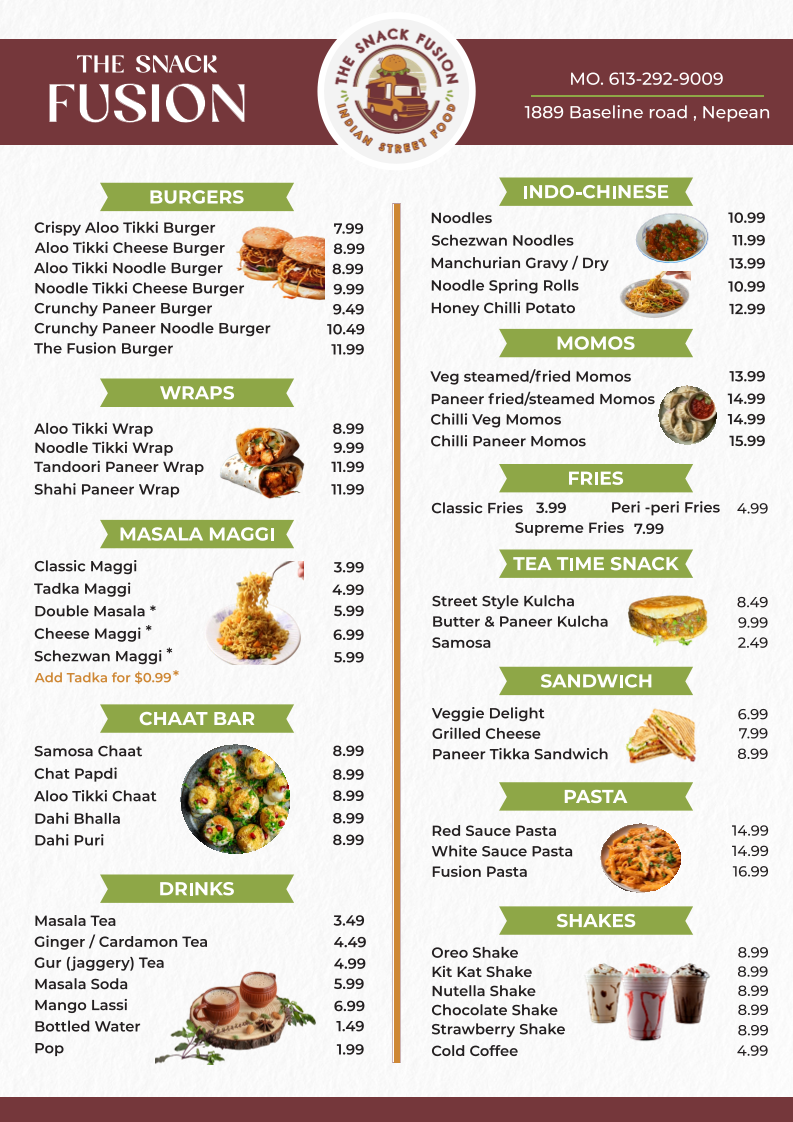 Menu, The Snack Fusion | Indian Food Truck