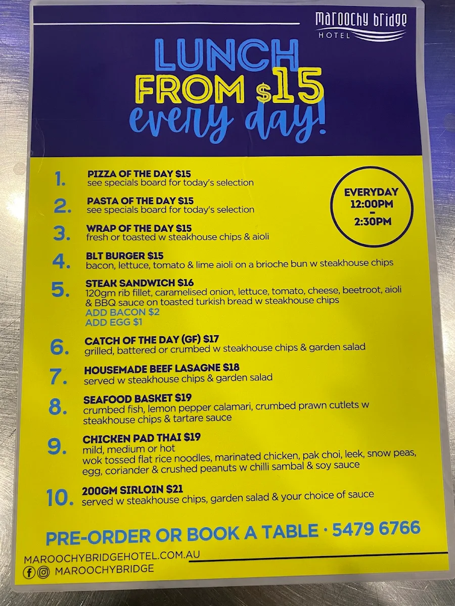 Menu, Maroochy Bridge Hotel