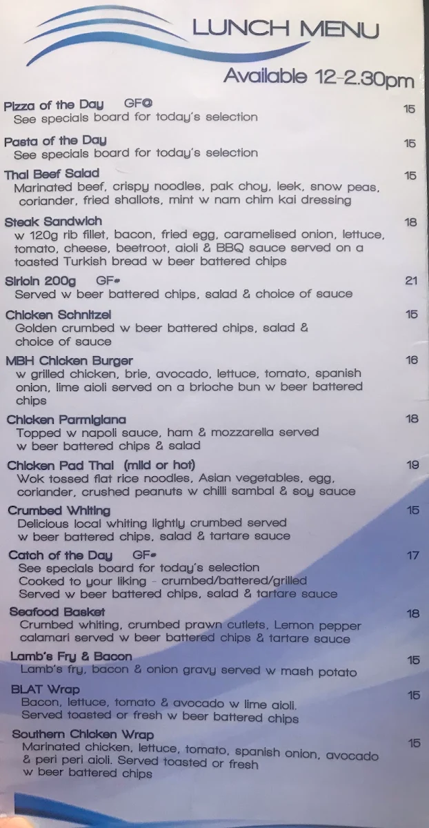 Menu, Maroochy Bridge Hotel