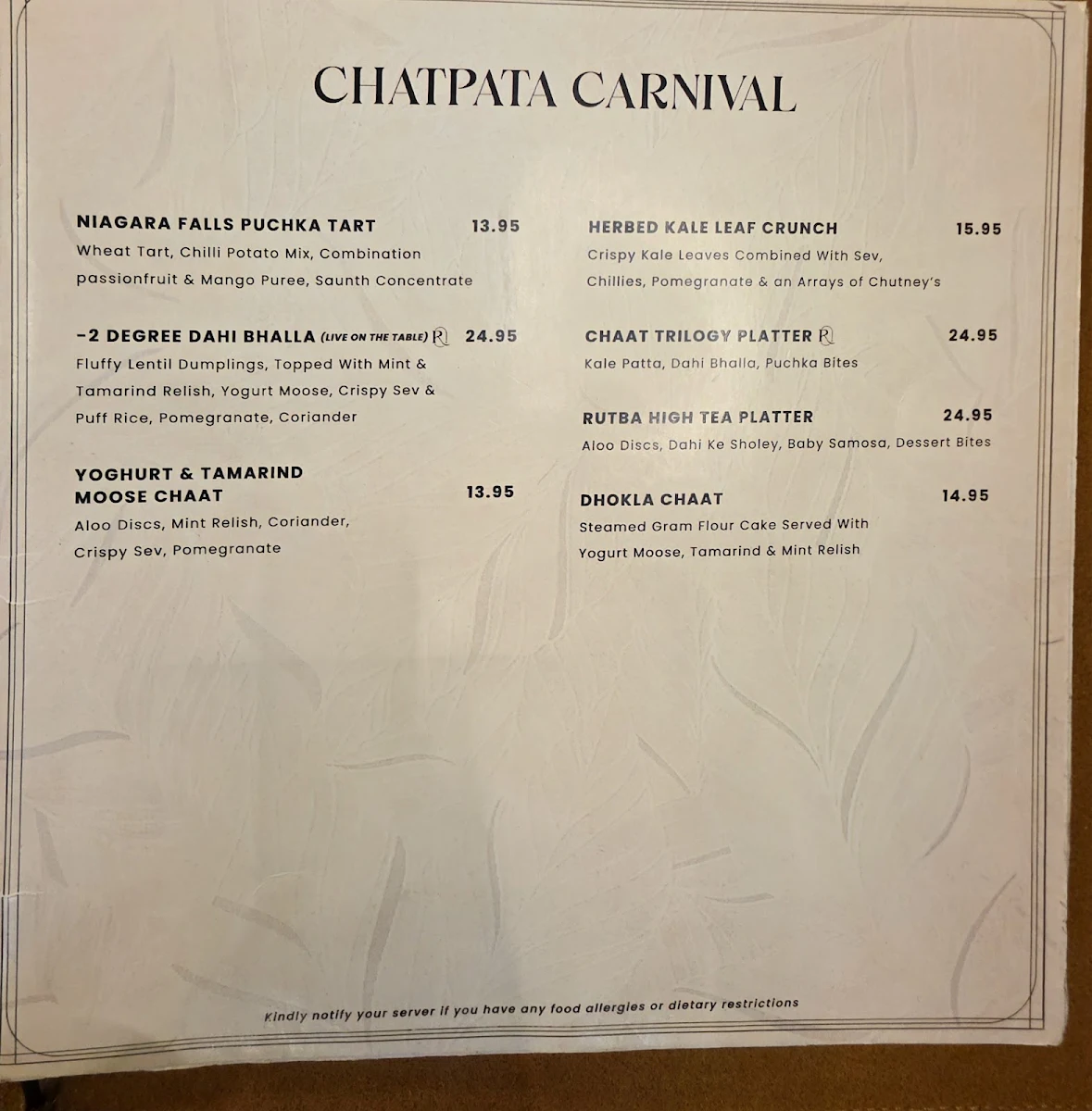 Menu, Rutba - Modern Indian Restaurant + Bar