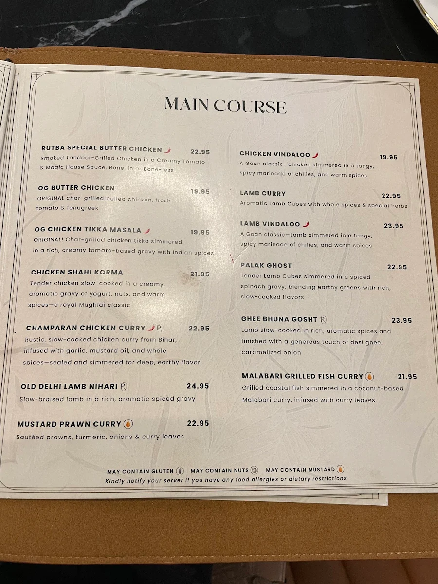 Menu, Rutba - Modern Indian Restaurant + Bar