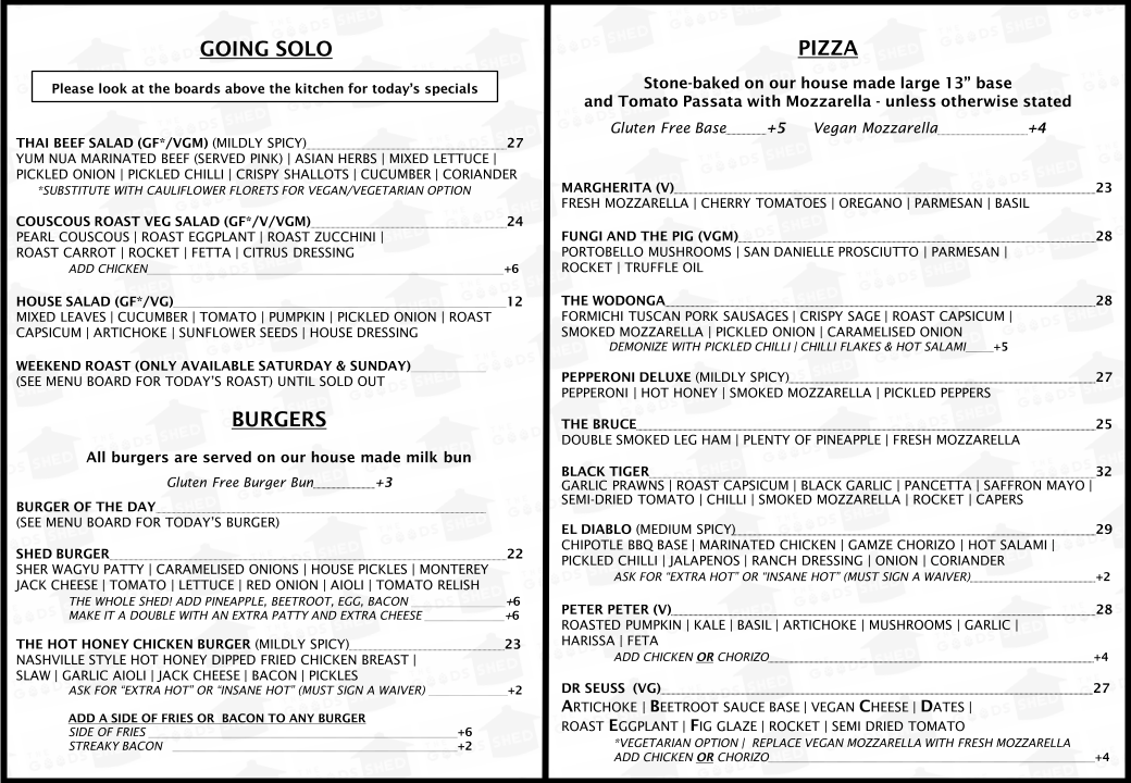 Menu, The Goods Shed