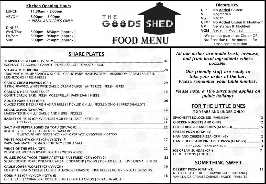 Menu, The Goods Shed