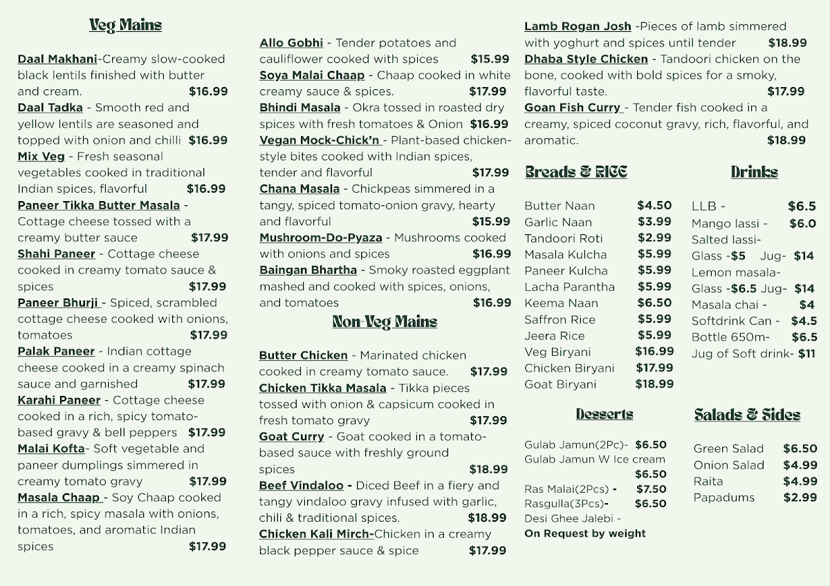 Menu, Punjabi Tadka