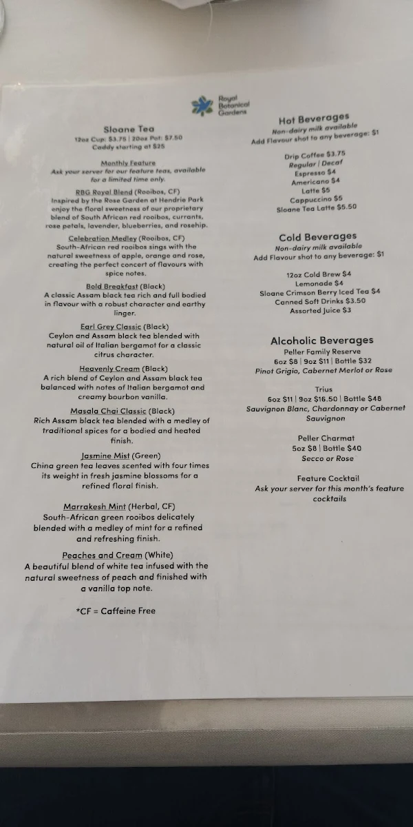 Menu, Teahouse @ Royal Botanical Gardens