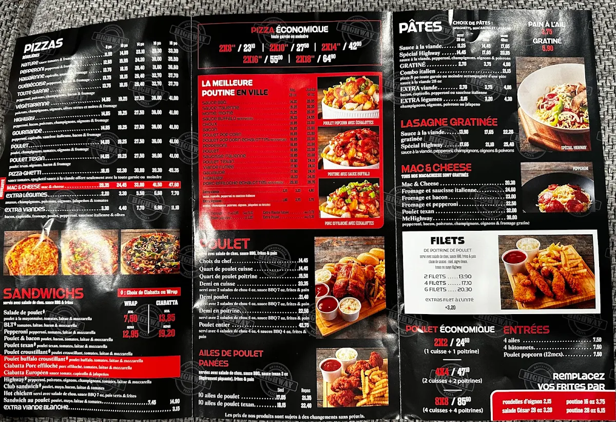 Menu, Rotisseries Highway Pizza