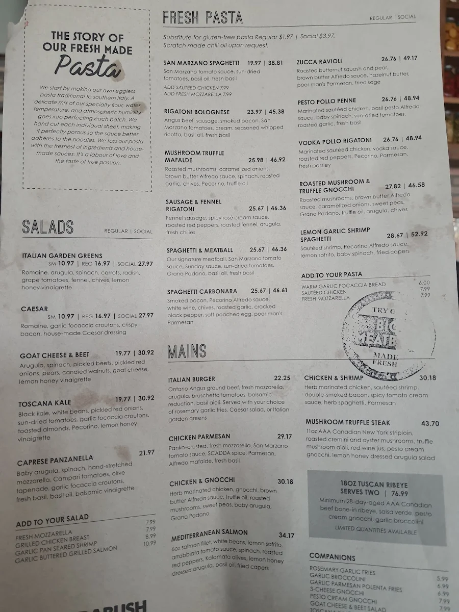 Menu, Scaddabush Italian Kitchen & Bar Don Mills