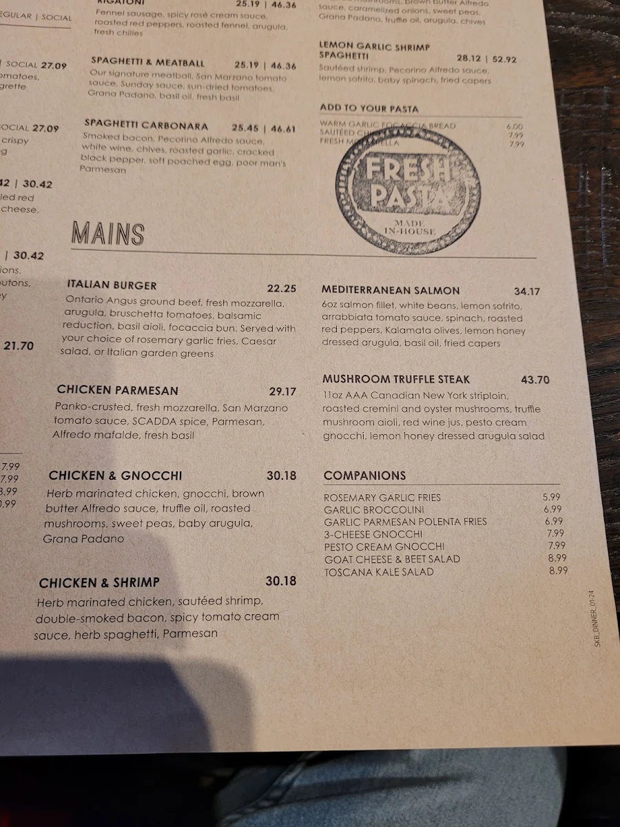 Menu, Scaddabush Italian Kitchen & Bar Don Mills