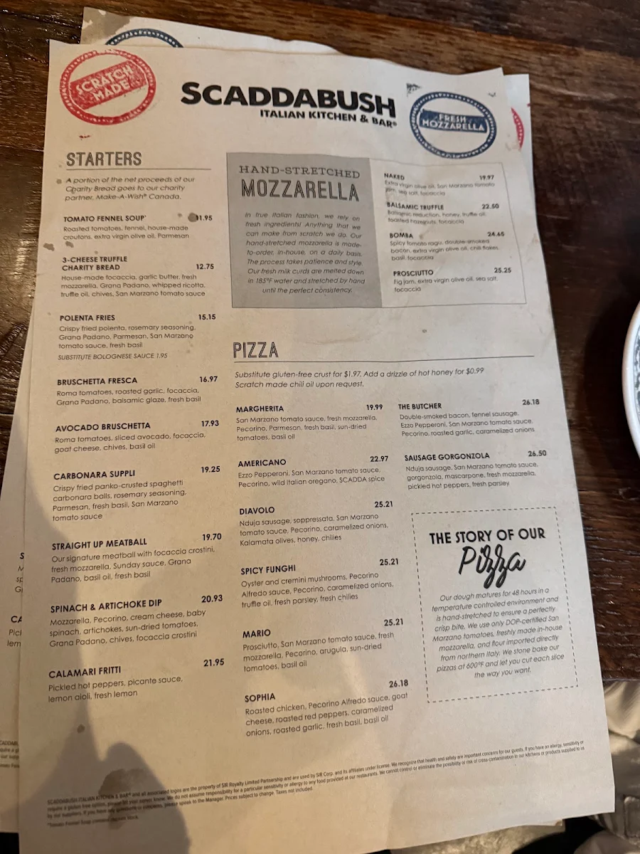 Menu, Scaddabush Italian Kitchen & Bar Don Mills