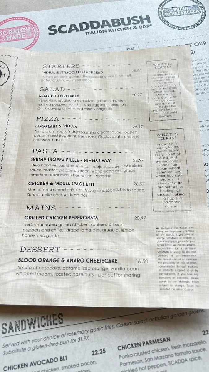 Menu, Scaddabush Italian Kitchen & Bar Don Mills