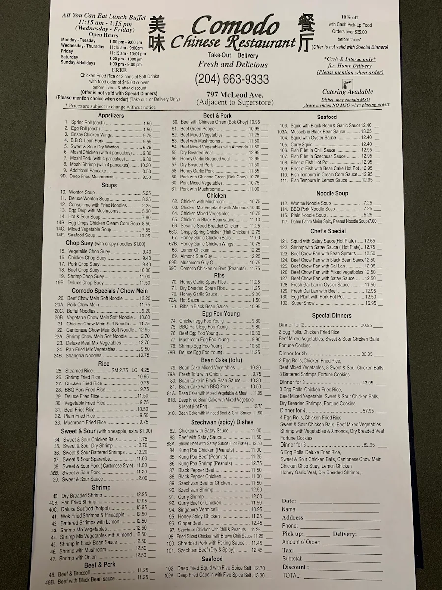 Menu, Comodo Chinese Restaurant